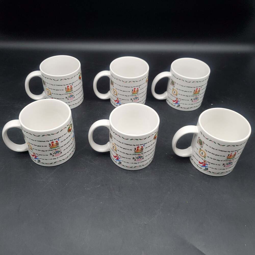 Set of 6 Twelve Days of Christmas Coffee Mugs Holiday Ceramic Cups